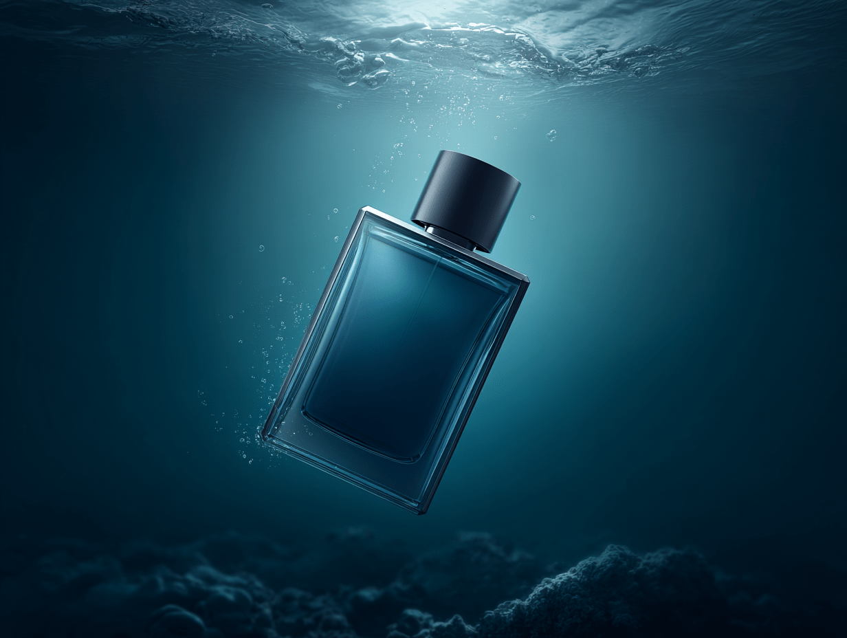 Blue Perfume Bottle Submerged Underwater with Bubbles