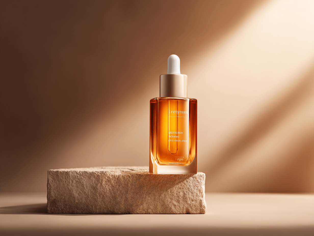 Elegant Amber Glass Dropper Bottle on Textured Stone Blocks