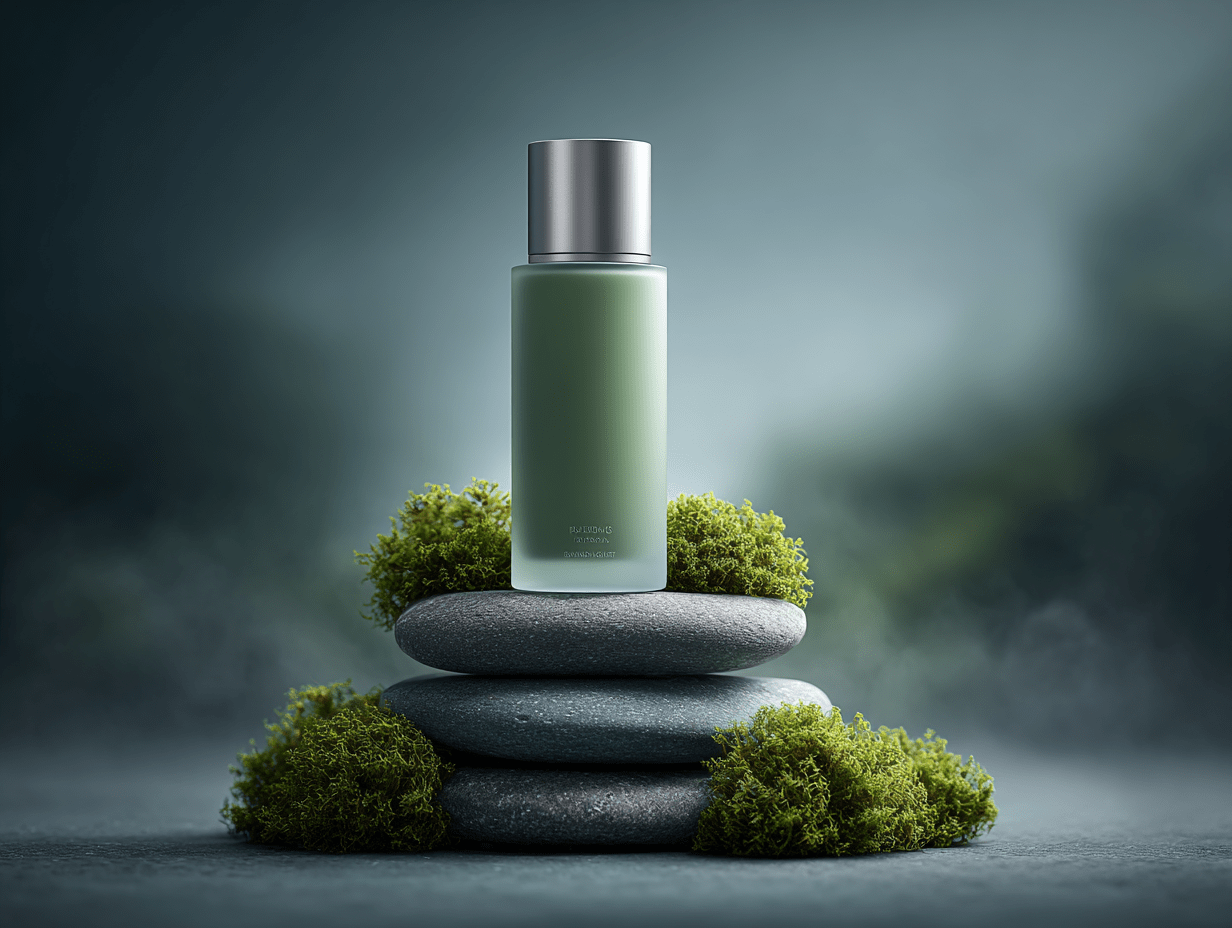 Sleek Green Fragrance Bottle on Balanced Stone and Moss Display