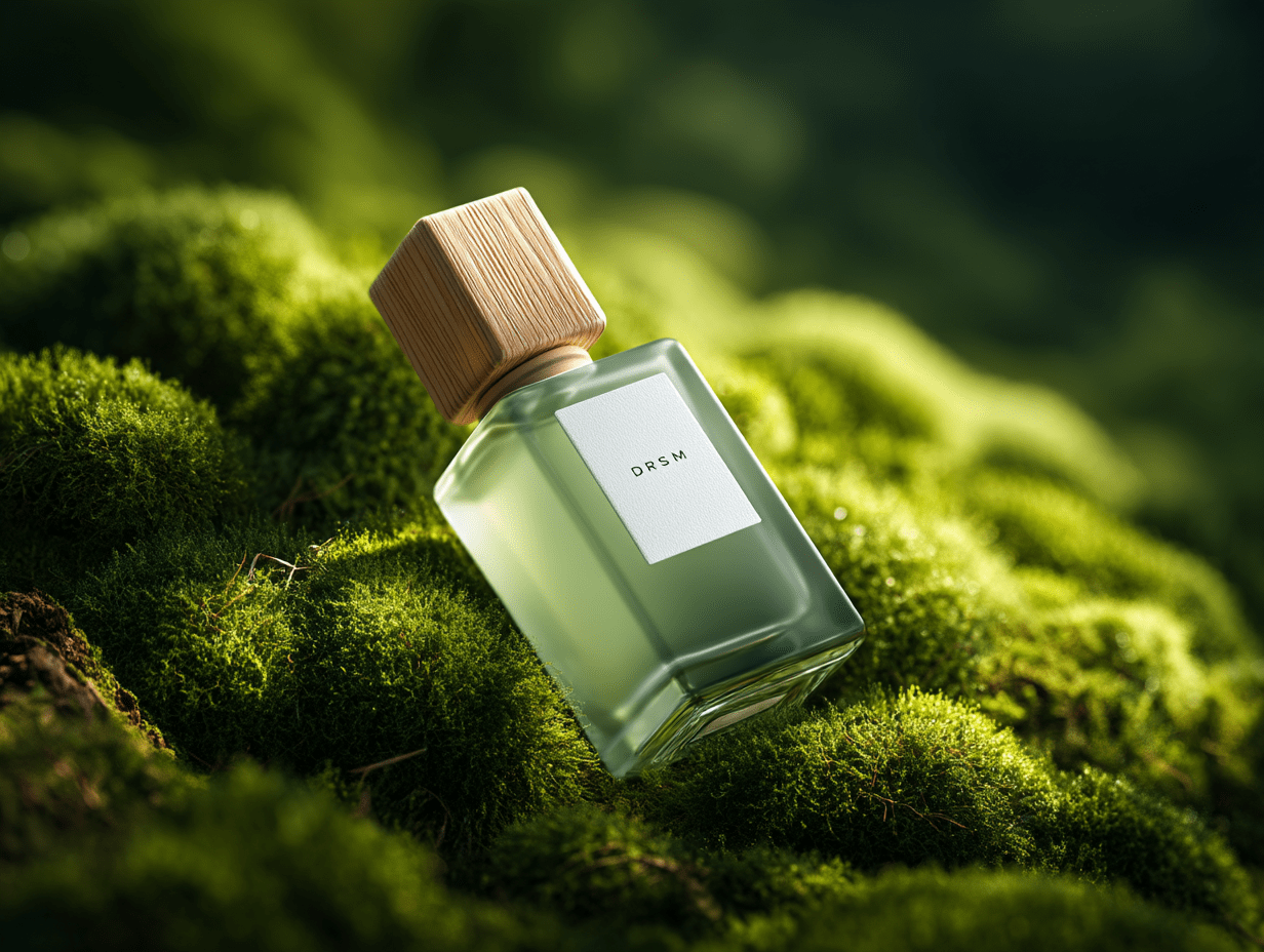 Minimalist Green Perfume Bottle with Wooden Cap on Moss