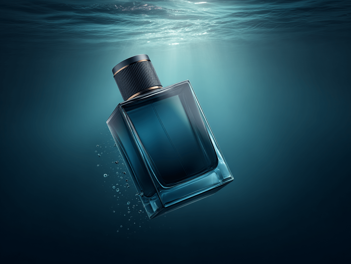 Blue Perfume Bottle Submerged Underwater with Bubbles