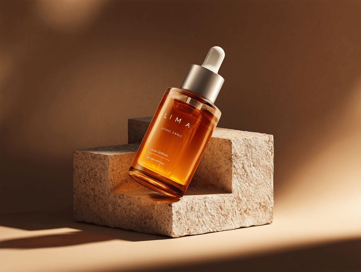 Elegant Amber Glass Dropper Bottle on Textured Stone Blocks