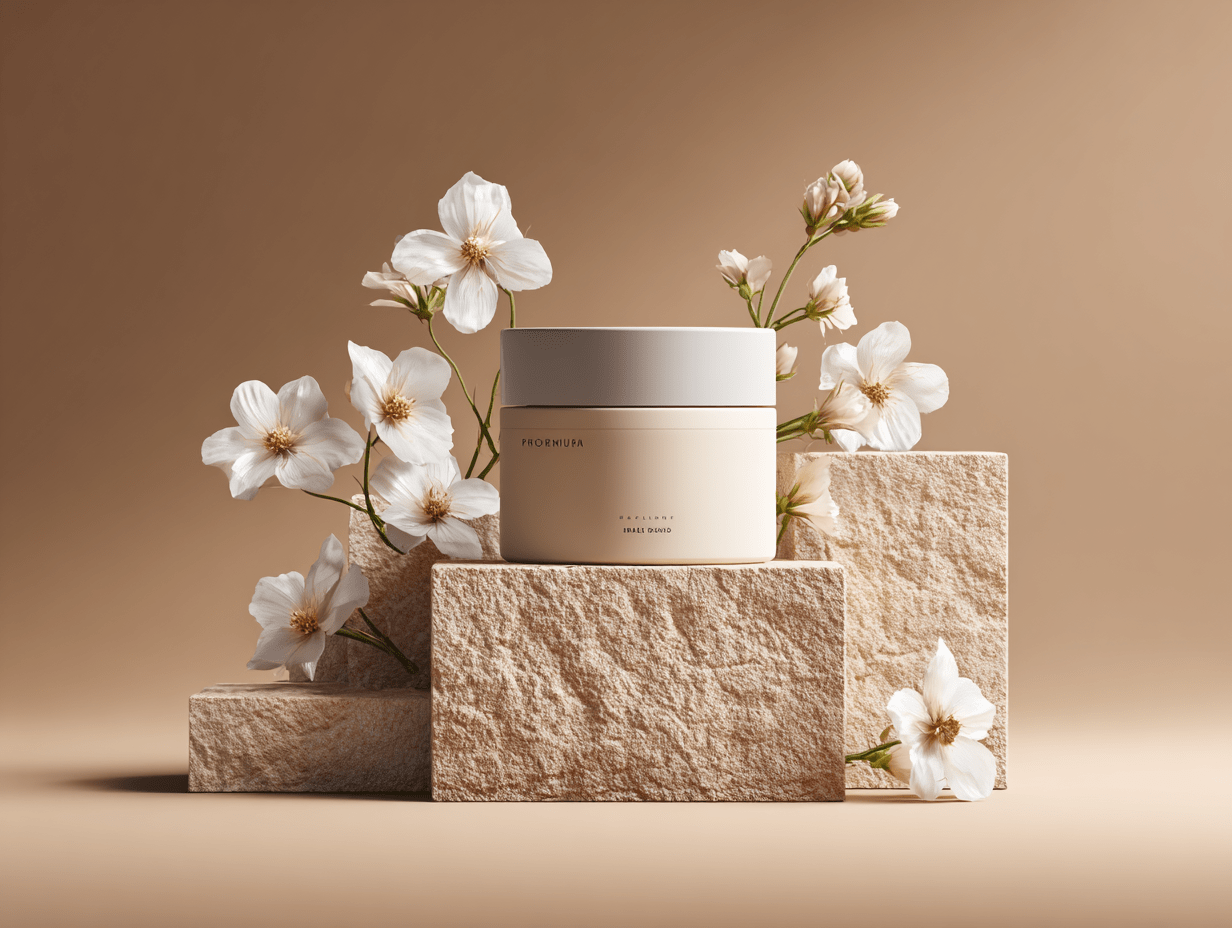 Beige Cream Jar with Cherry Blossoms on Stone Pedestal