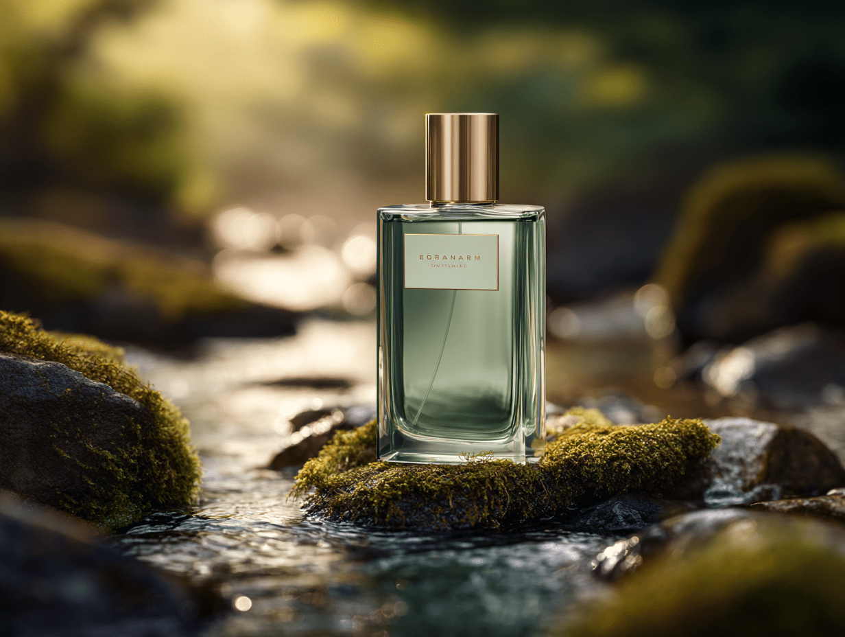 Elegant Green Perfume Bottle in Natural Stream Setting