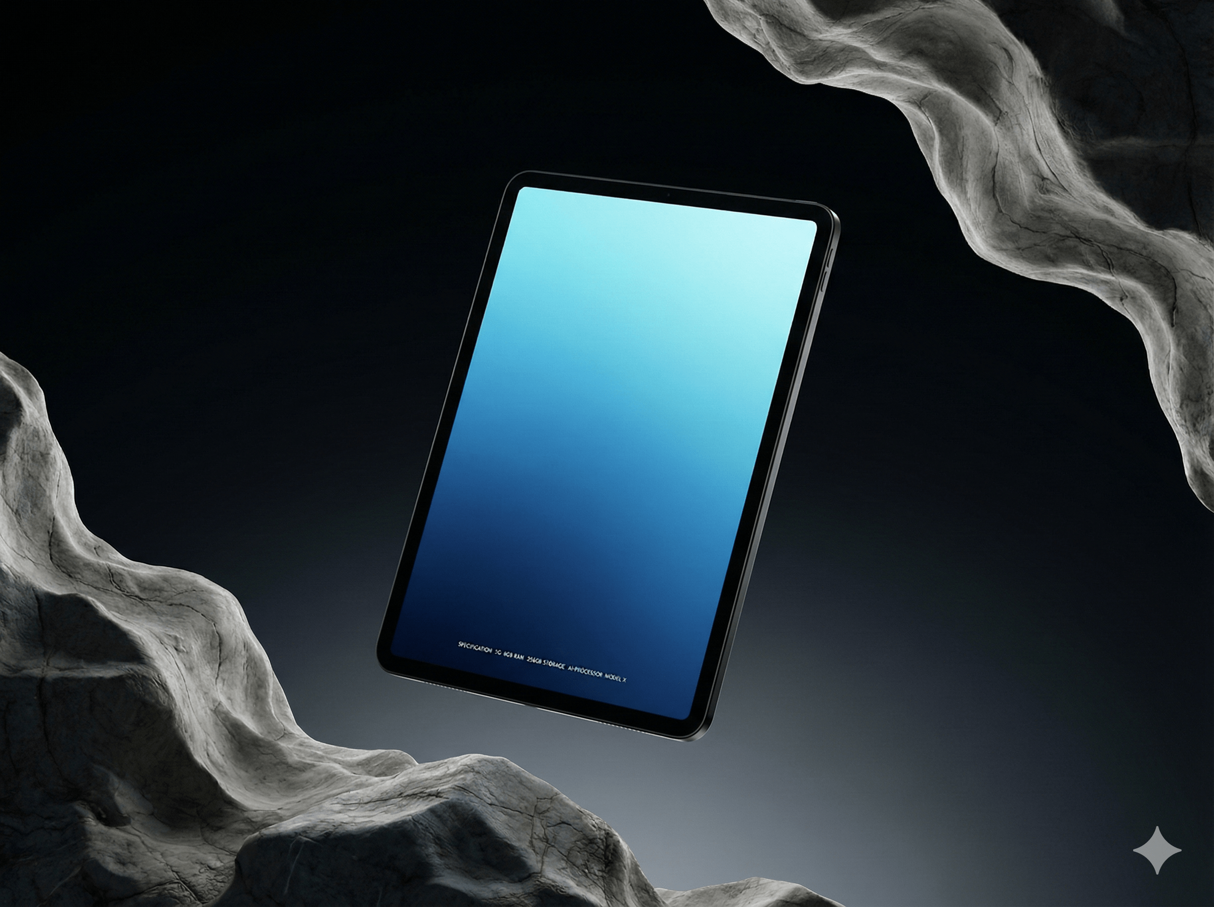 Floating Tablet Mockup Amid Rocky Asteroid Landscape