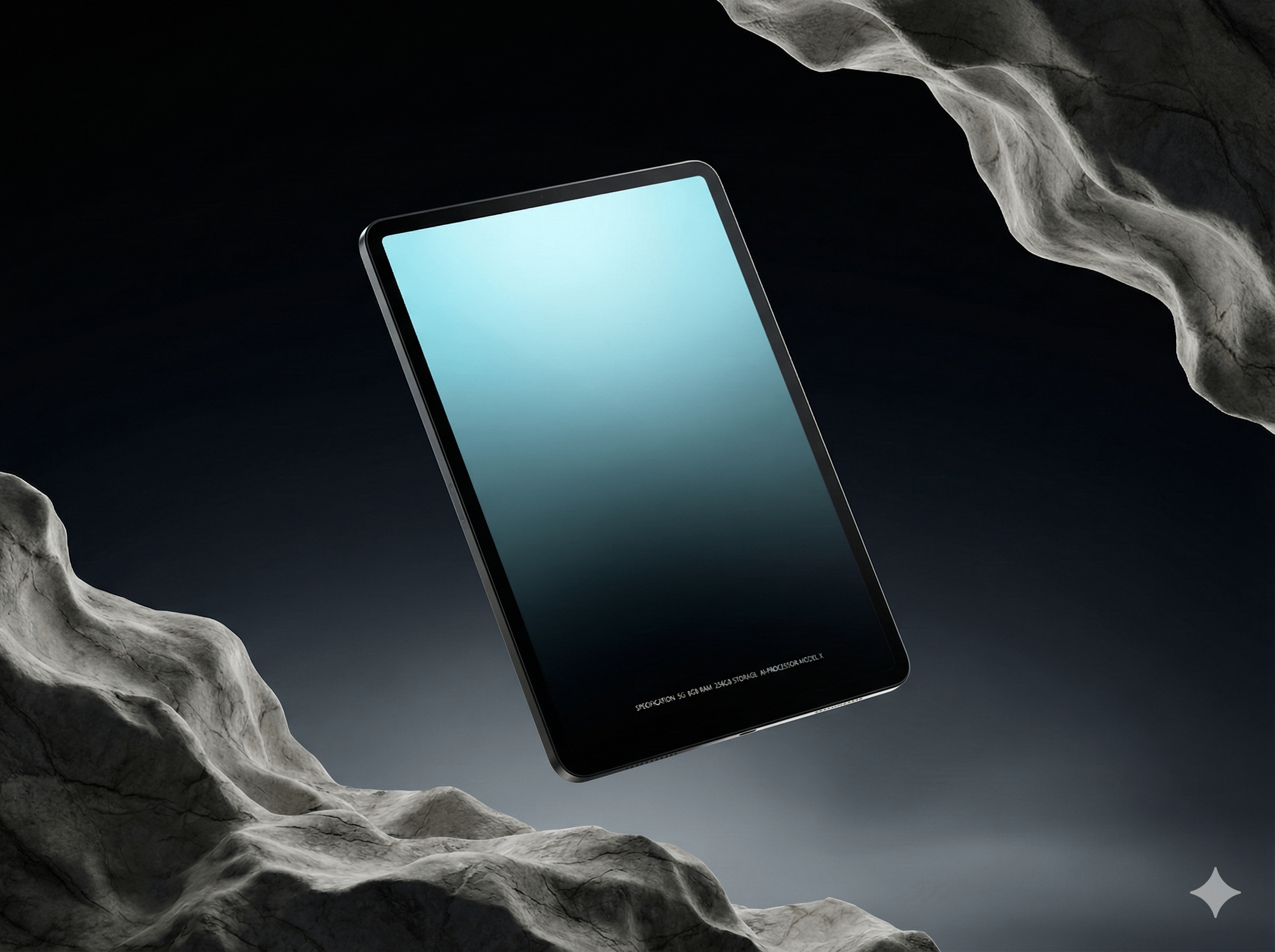 Floating Tablet Mockup Amid Rocky Asteroid Landscape