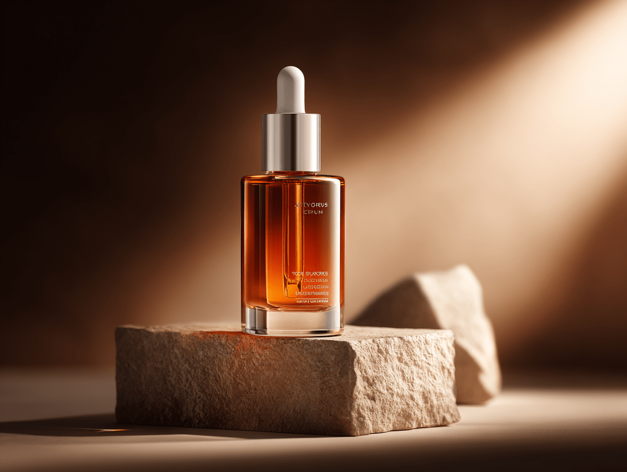 Elegant Amber Glass Dropper Bottle on Textured Stone Blocks
