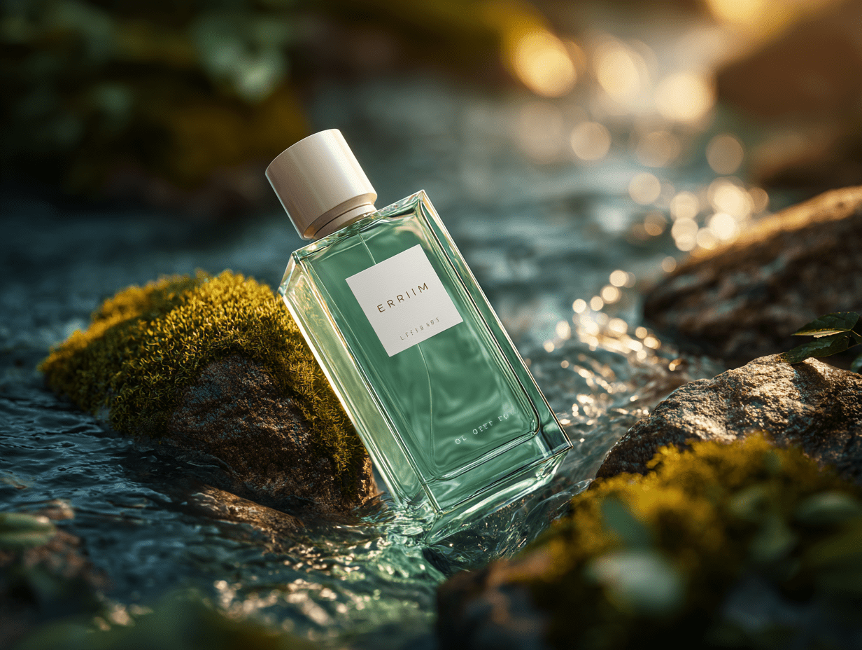 Elegant Green Perfume Bottle in Natural Stream Setting