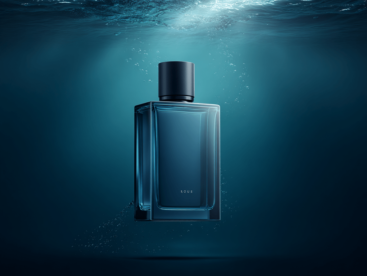 Blue Perfume Bottle Submerged Underwater with Bubbles