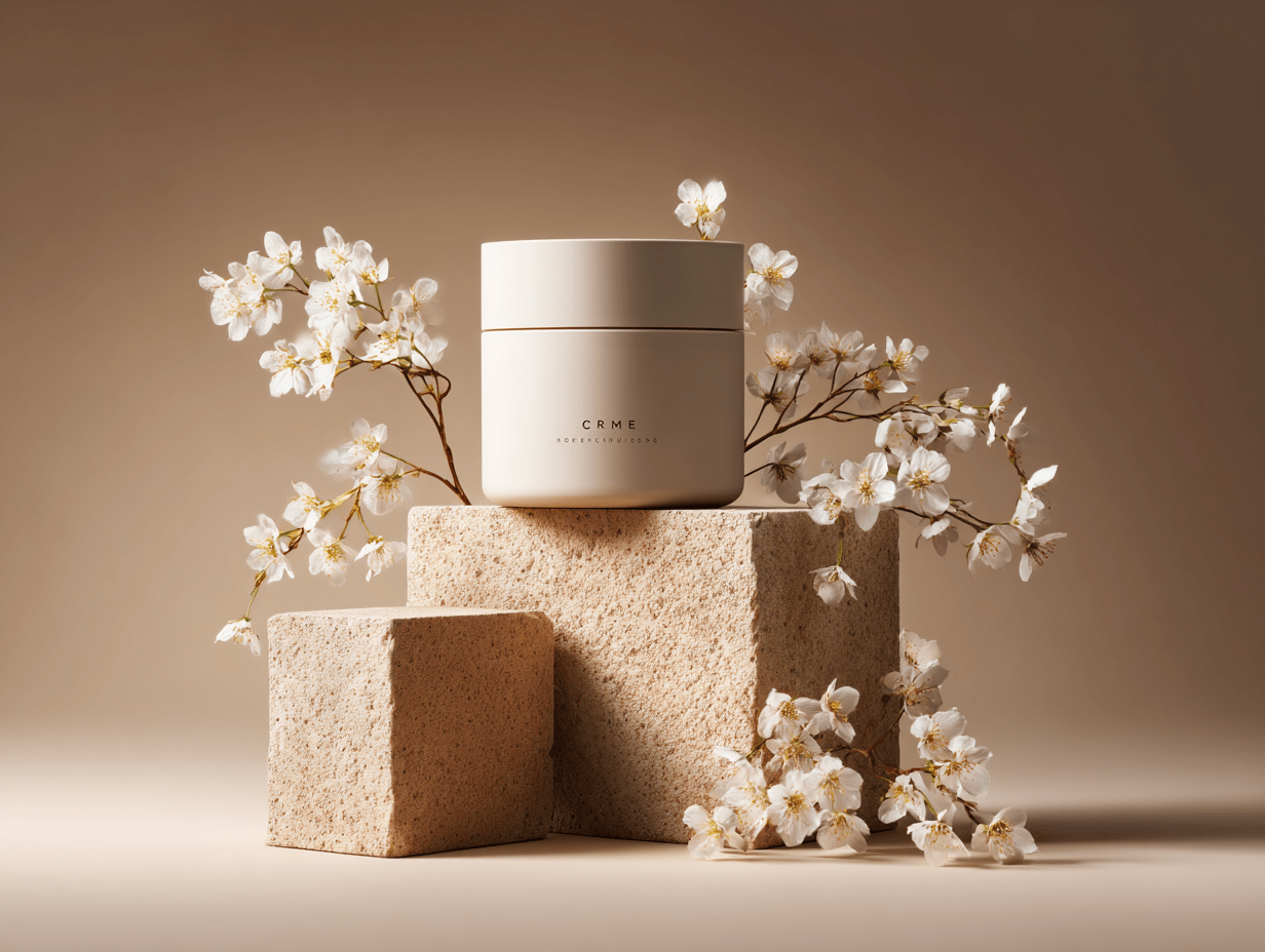 Beige Cream Jar with Cherry Blossoms on Stone Pedestal