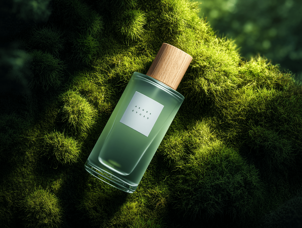 Minimalist Green Perfume Bottle with Wooden Cap on Moss