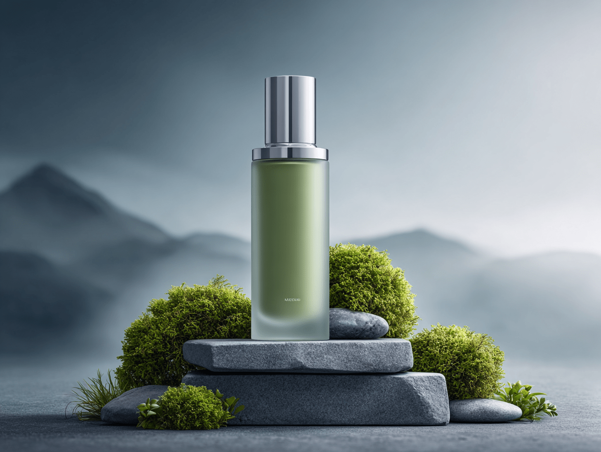 Sleek Green Fragrance Bottle on Balanced Stone and Moss Display