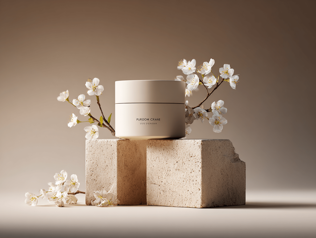 Beige Cream Jar with Cherry Blossoms on Stone Pedestal