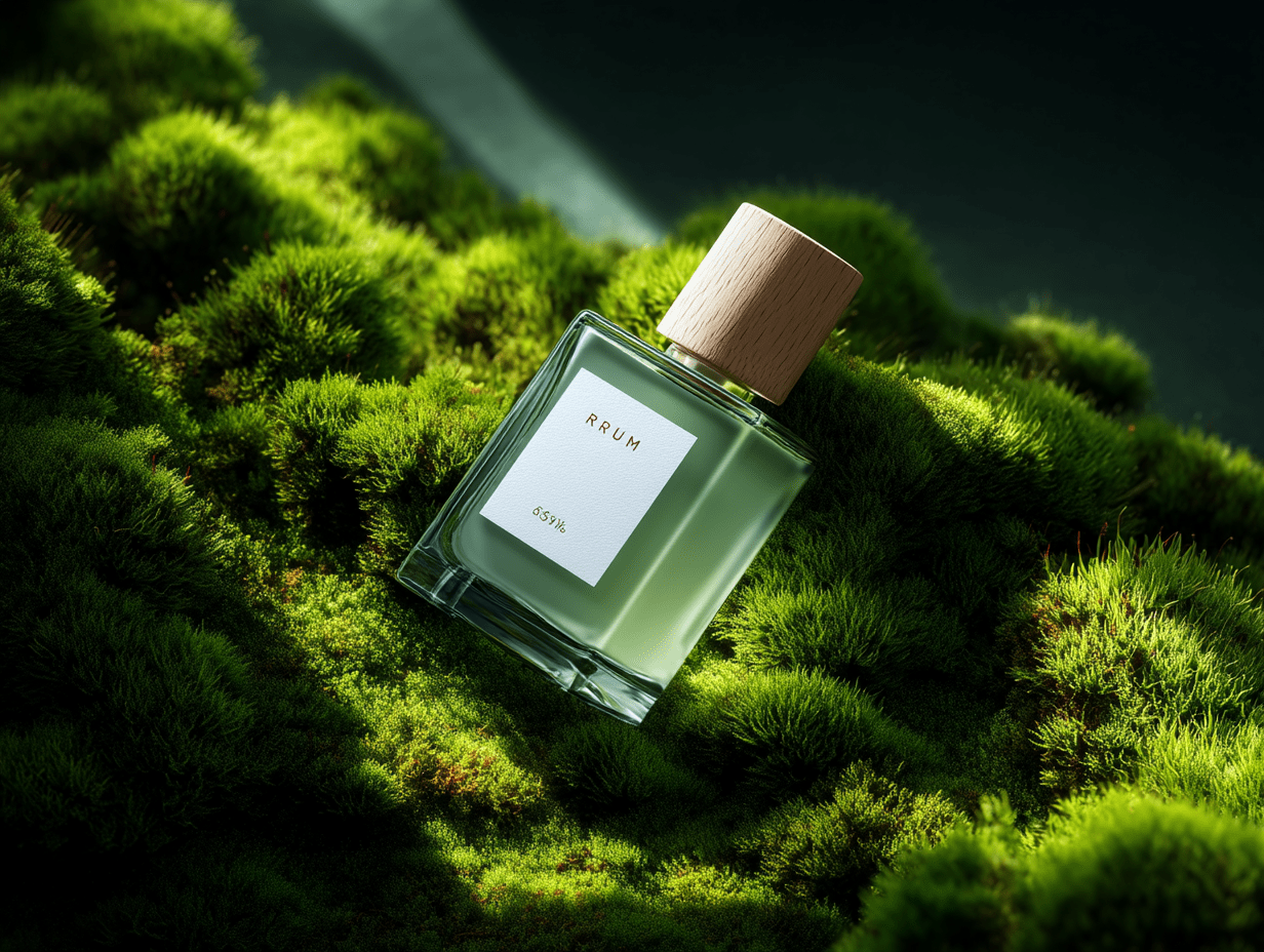 Minimalist Green Perfume Bottle with Wooden Cap on Moss