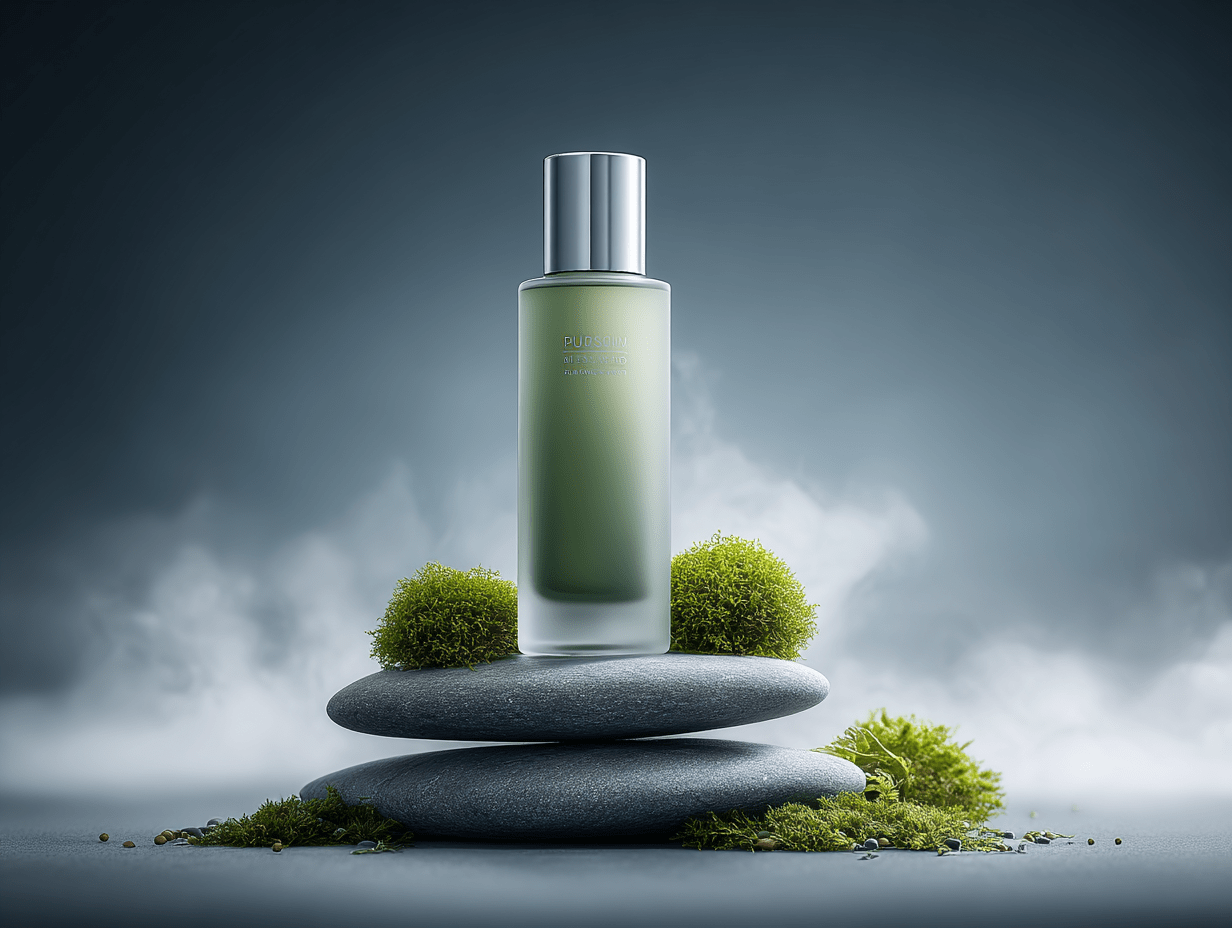 Sleek Green Fragrance Bottle on Balanced Stone and Moss Display