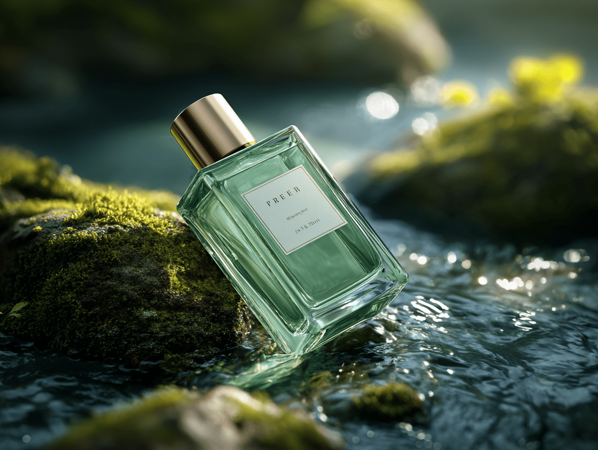 Elegant Green Perfume Bottle in Natural Stream Setting